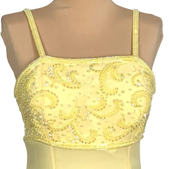 VTG 80s Slip Dress Butter Yellow Sequin Beaded Silk Gown 6 Regency Bridgerton - Picture 3 of 13